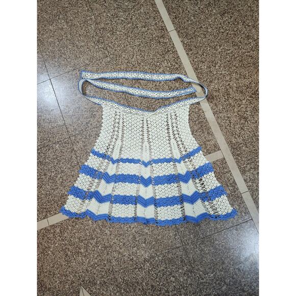 Vintage Child-Size Hand Crocheted Half Apron Beige Blue Prairie Farmgirl Cottage - Picture 1 of 7